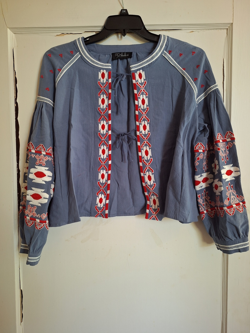 RD + Koko Anthropologie Embroidered Top/Jacket  Blue/Red Sz  L Boho Tribal